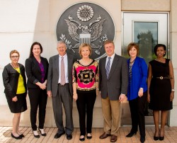The PEACE THROUGH BUSINESS(r) Delegation to Rwanda. From Left: Jan Hill, Eden Salons; Karen Berkheimer, IEEW; US Ambassador Donald Koran; Dr. Terry Neese, IEEW; Commissioner Brian Maughan, Oklahoma County Chair; Kim Teese, Terry Neese Personnel Services; Rose Busingye, IEEW.