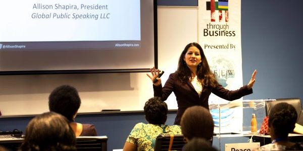 Allison Shapira gives Speaking with Confidence lecture, at the AT&amp;T University, Irving, Texas, July 11, 2016. (Photo by David Hume Kennerly/GettyImages)